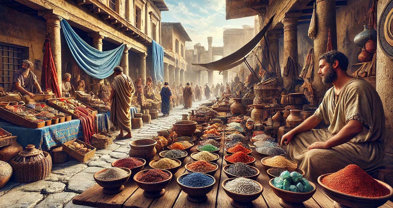 Ancient Roman market in Pompeii imagined scenes