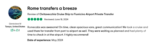 Genevieve M RomeCabs Customer Reviews Civitavecchia transfers
