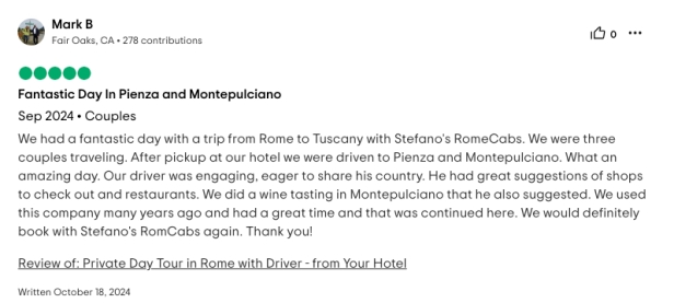 Mark B wrote Fantastic Day In Pienza and Montepulciano RomeCabs Reviews