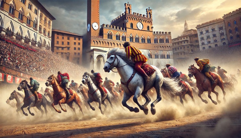 Palio horse race in Piazza del Campo, Siena, during the 1300s