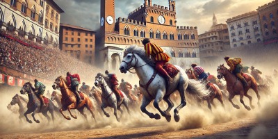 Palio horse race in Piazza del Campo, Siena, during the 1300s